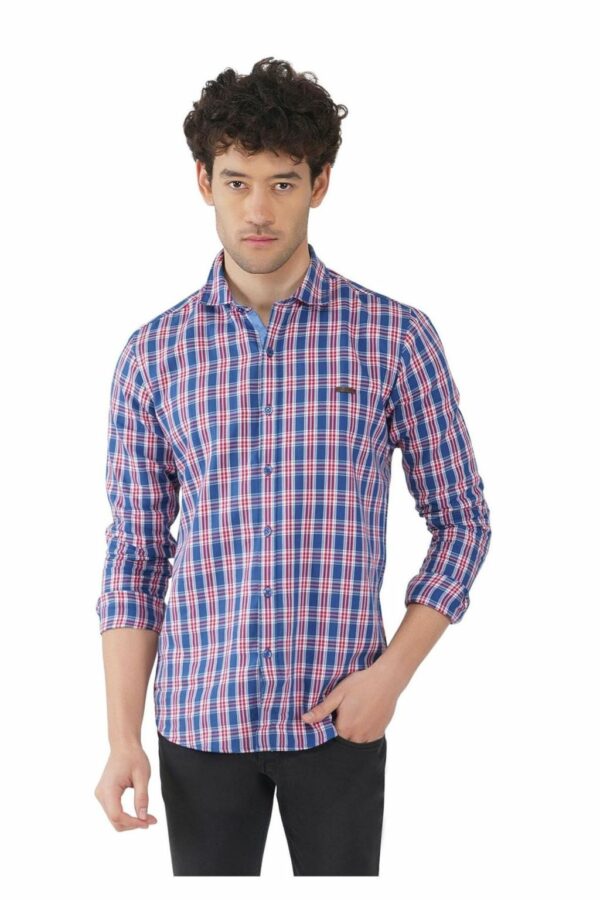 Blue Formals Checkers 100% Cotton Slim Fit Shirt for Men - Image 2