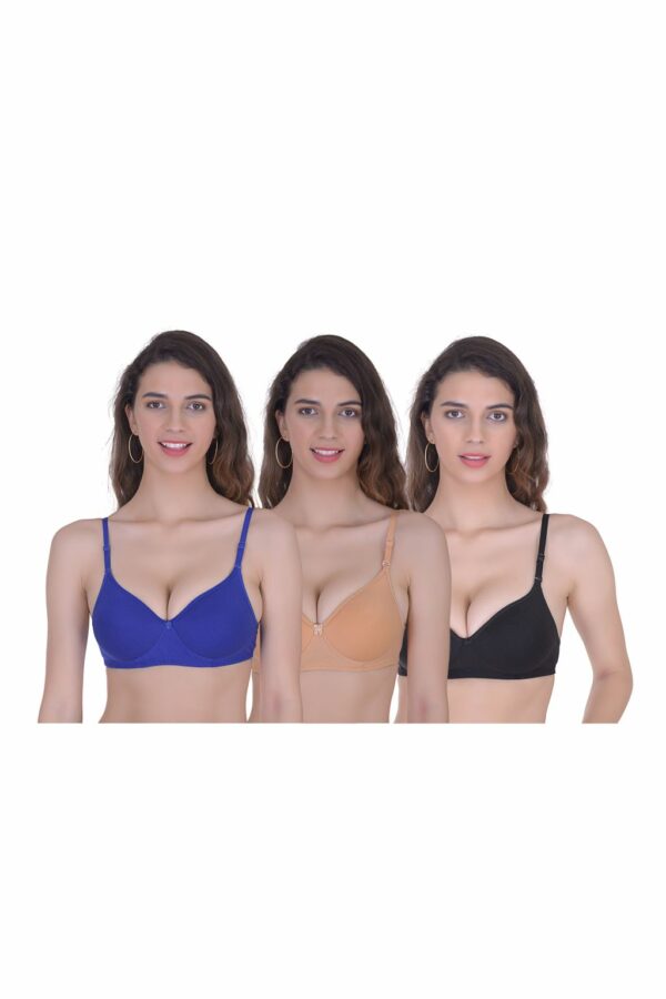 Mynte Blue/Beige/Black Women's Cotton Rich Lightly Padded Non-Wired Full Cup Regular Bra (Pack of 3)