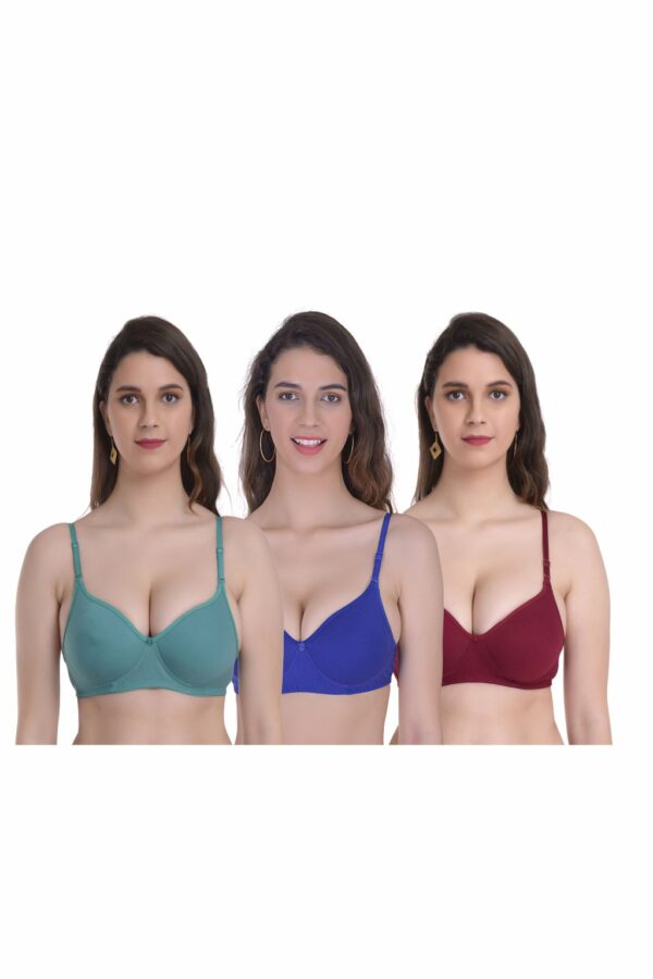 Mynte Green/Blue/Maroon Bra Combo Rich Cotton Lightly Padded Non-Wired Full Cup Regular Bra (Pack of 3)