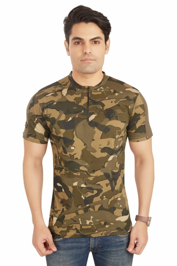 Camo Half Sleeves Zipped Round Neck T-Shirt for Men