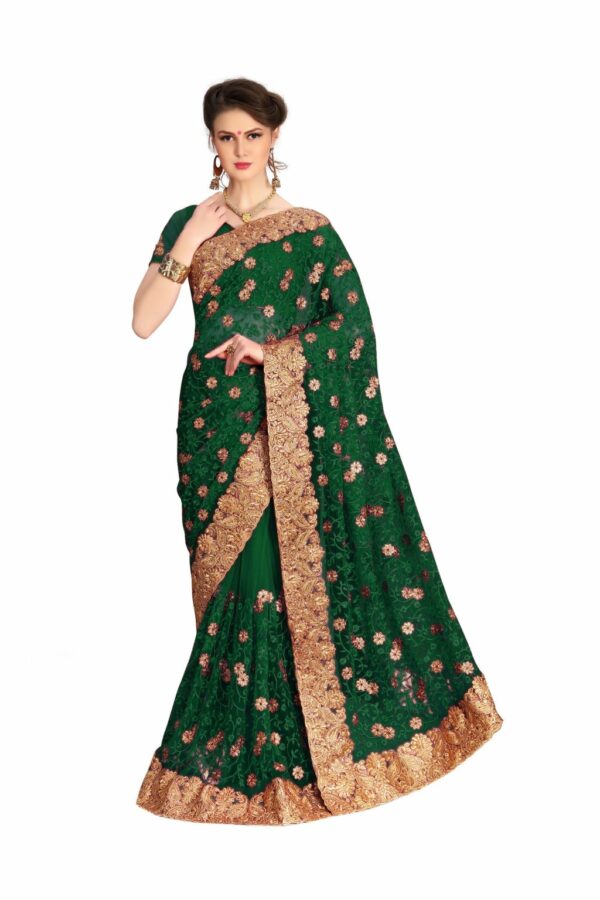 Dark Green Saree with Blouse Piece Women's Heavy Embroidery Work Saree