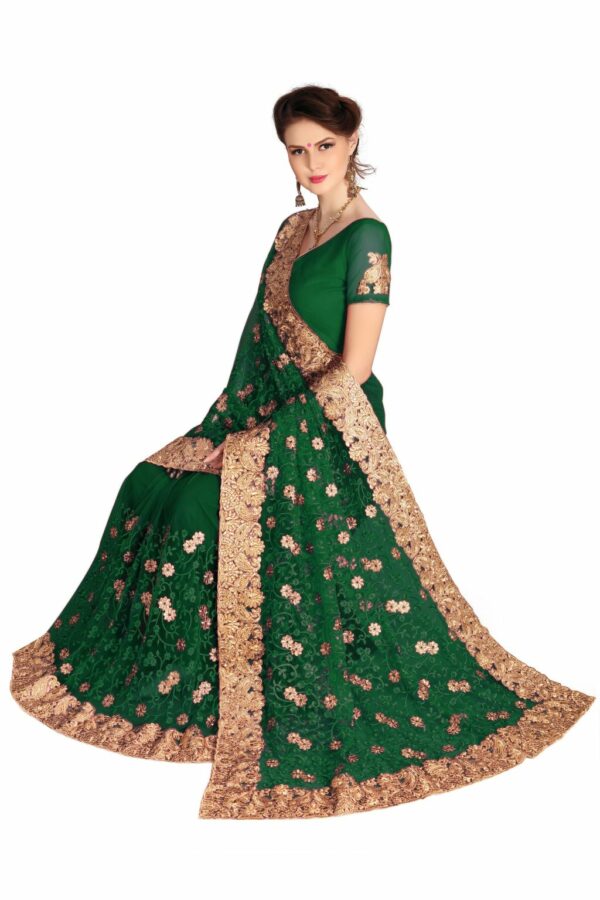 Dark Green Saree with Blouse Piece Women's Heavy Embroidery Work Saree - Image 3