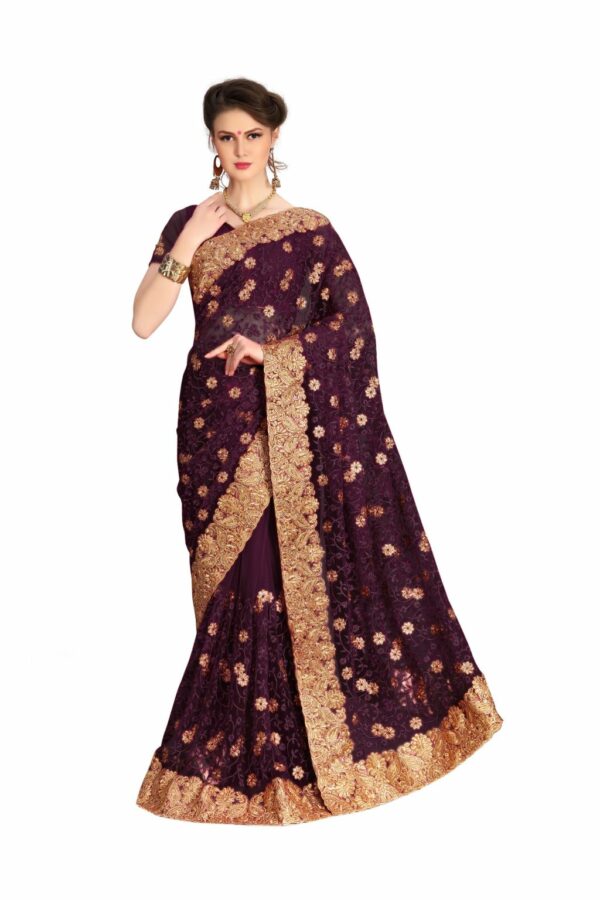 Purple Saree with Blouse Piece Women's Heavy Embroidery Work Saree