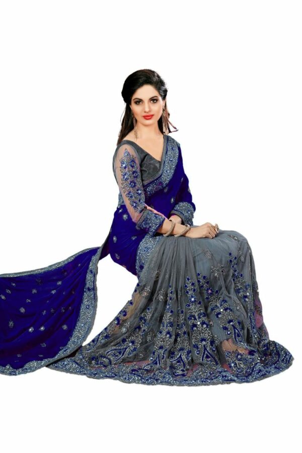 Blue Saree with Blouse Piece Women's Heavy Embroidery Work Saree