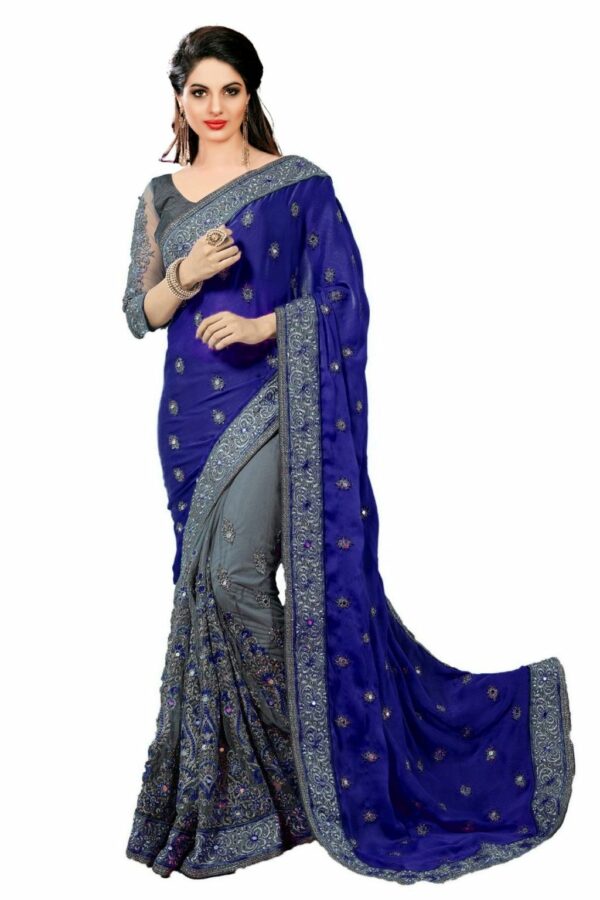 Blue Saree with Blouse Piece Women's Heavy Embroidery Work Saree - Image 3