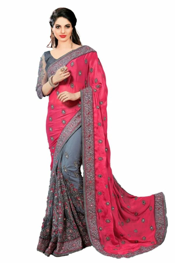 Red Saree with Blouse Piece Women's Heavy Embroidery Work Saree