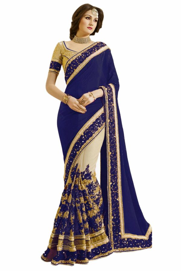 Blue Saree with Blouse Piece Women's Heavy Embroidery Work Saree