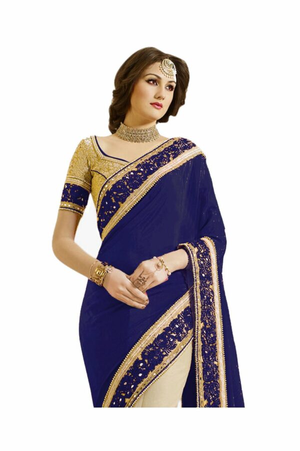 Blue Saree with Blouse Piece Women's Heavy Embroidery Work Saree - Image 3