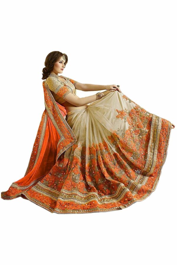 Orange Saree with Blouse Piece Women's Heavy Embroidery Work Saree - Image 2