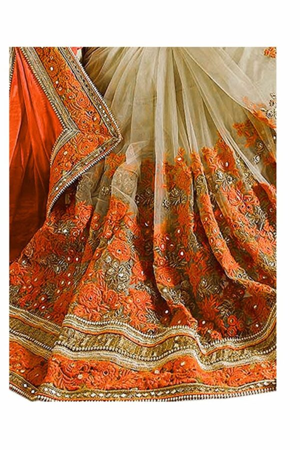 Orange Saree with Blouse Piece Women's Heavy Embroidery Work Saree - Image 3