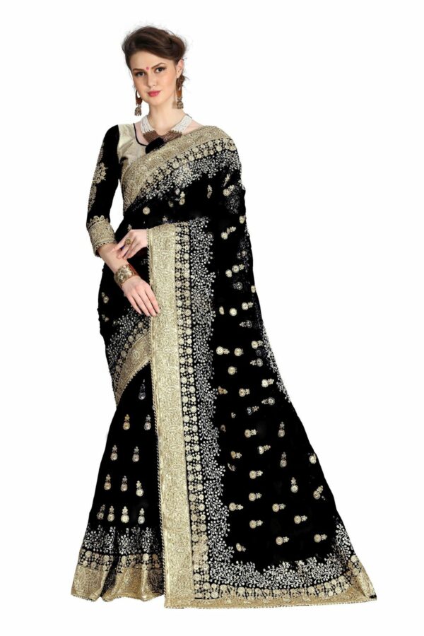 Black Saree with Blouse Piece Women's Heavy Embroidery Work Saree