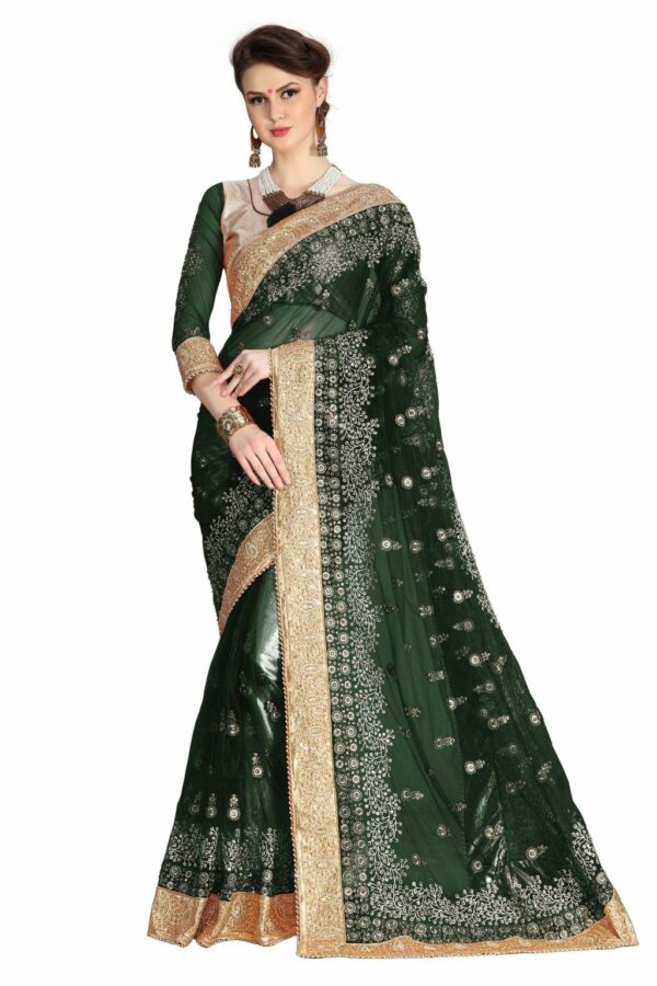 Dark Green Saree with Blouse Piece Women's Heavy Embroidery Work Saree