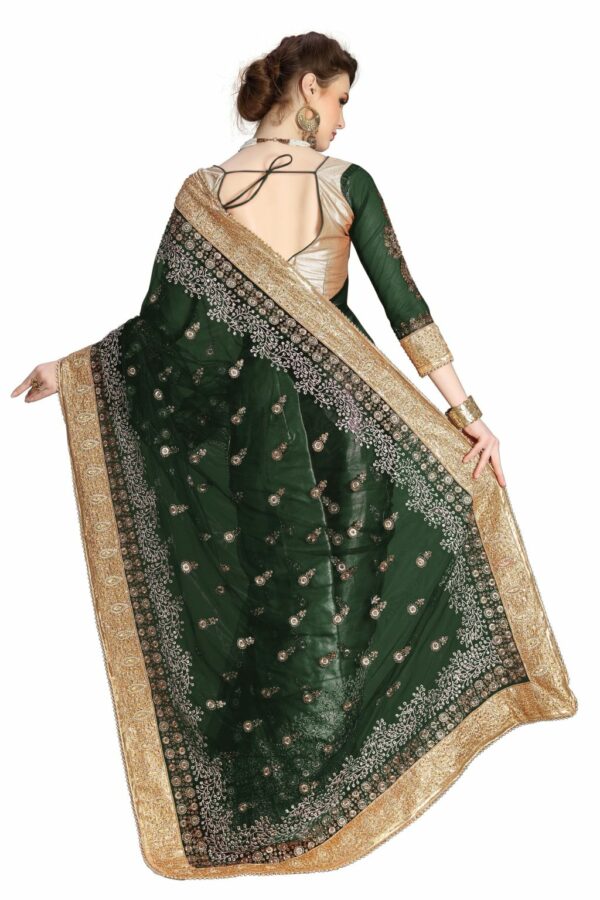 Dark Green Saree with Blouse Piece Women's Heavy Embroidery Work Saree - Image 2