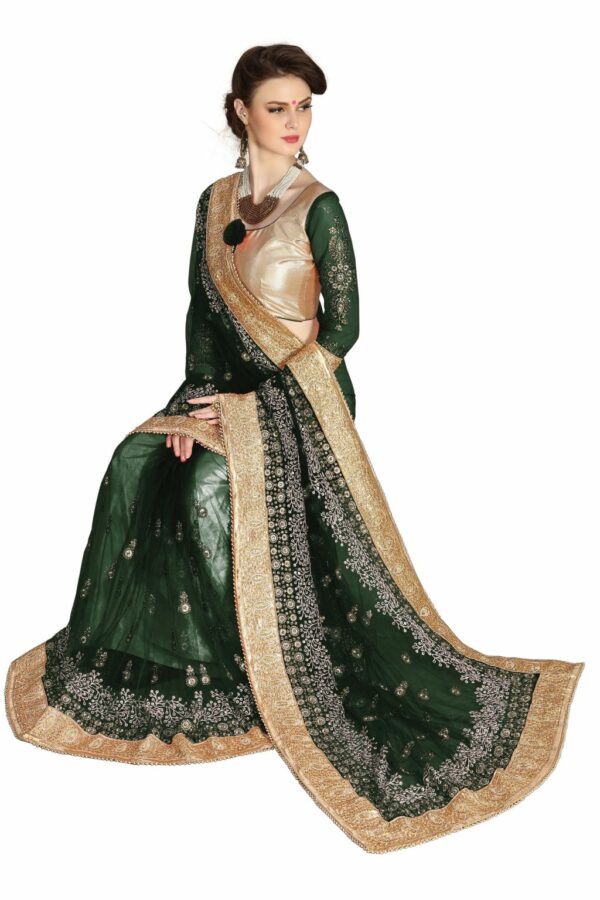 Dark Green Saree with Blouse Piece Women's Heavy Embroidery Work Saree - Image 3