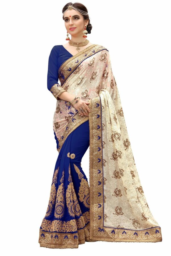 Blue Saree with Blouse Piece Women's Heavy Embroidery Work Saree