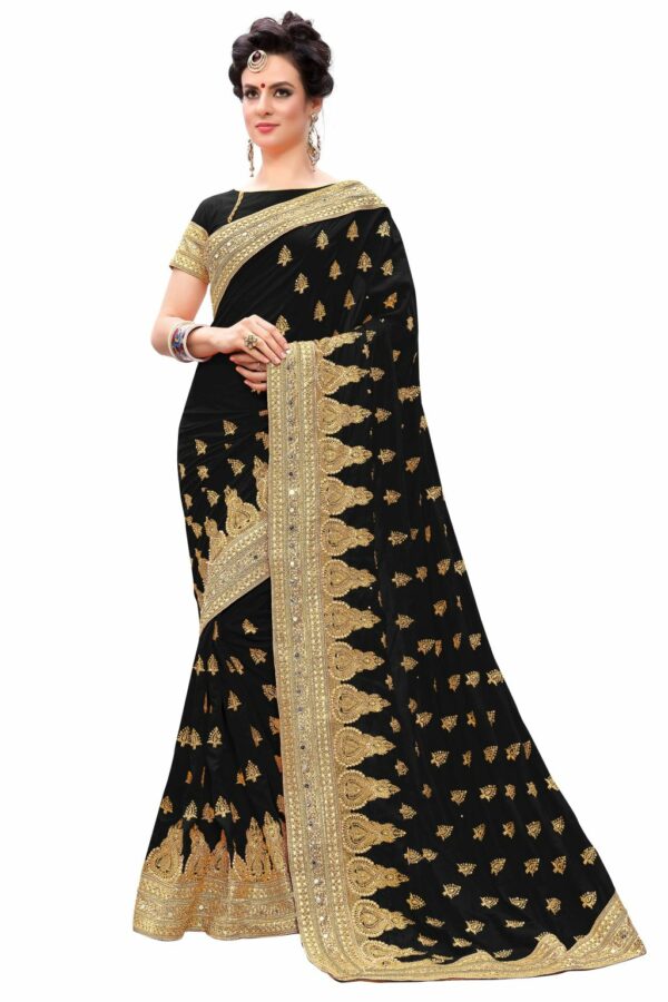 Black Saree with Blouse Piece Women's Heavy Embroidery Work Saree