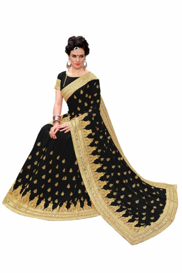 Black Saree with Blouse Piece Women's Heavy Embroidery Work Saree - Image 3