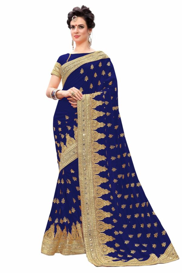 Blue Saree with Blouse Piece Women's Heavy Embroidery Work Saree