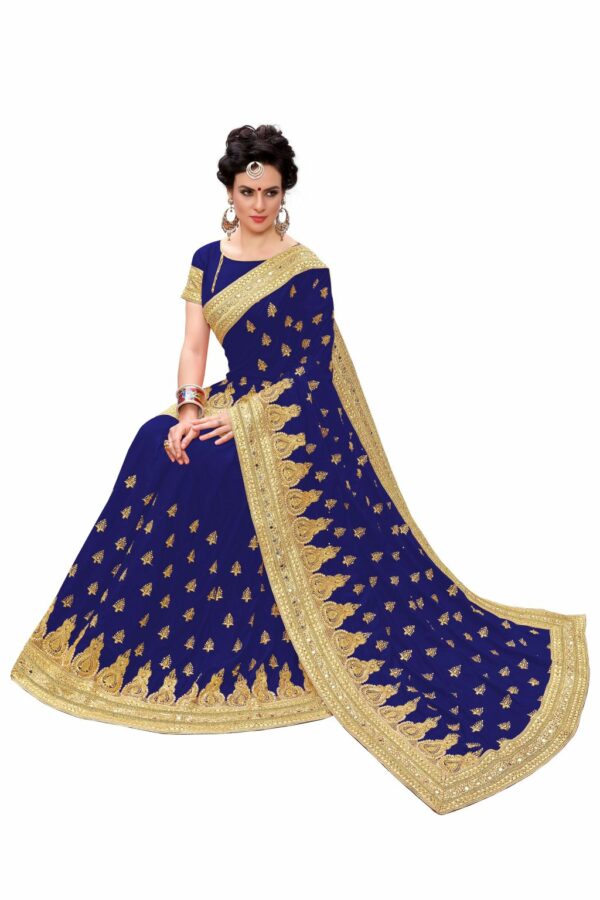 Blue Saree with Blouse Piece Women's Heavy Embroidery Work Saree - Image 3