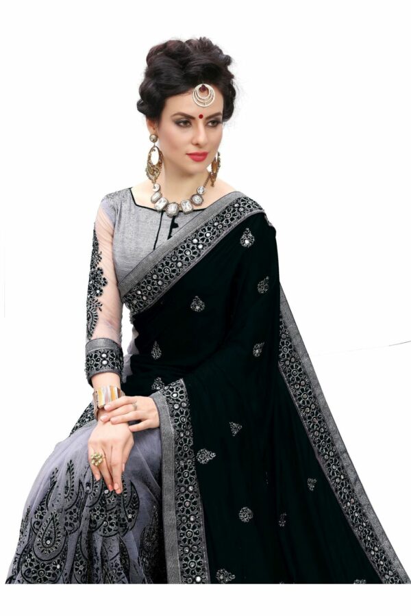 Black Saree with Blouse Piece Women's Heavy Embroidery Work Saree - Image 3