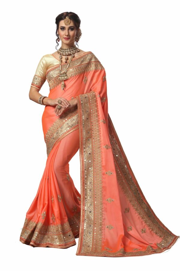 Peach Saree with Blouse Piece Women's Heavy Embroidery Work Saree