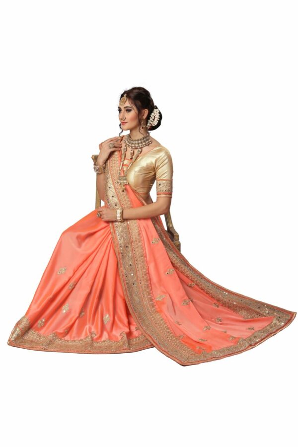 Peach Saree with Blouse Piece Women's Heavy Embroidery Work Saree - Image 3