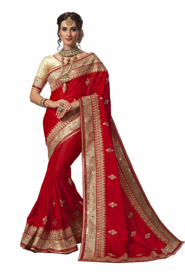 Red Saree with Blouse Piece Women's Heavy Embroidery Work Saree