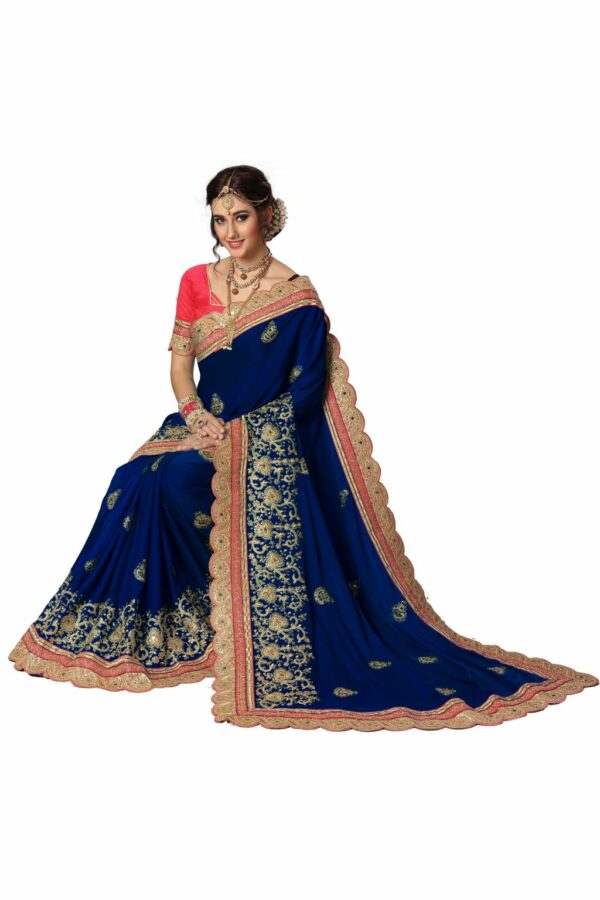 Blue Saree with Blouse Piece Women's Heavy Embroidery Work Saree - Image 3