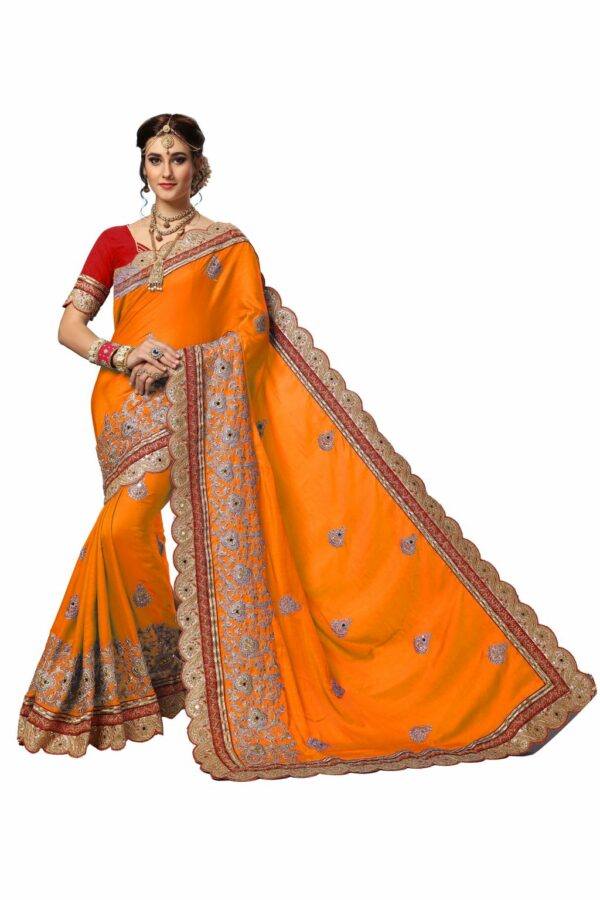 Orange Saree with Blouse Piece Women's Heavy Embroidery Work Saree