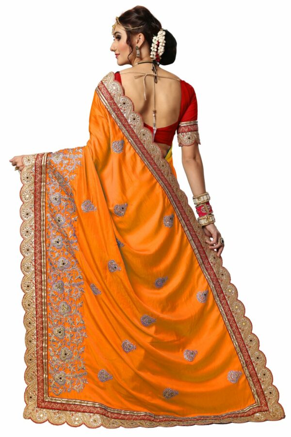 Orange Saree with Blouse Piece Women's Heavy Embroidery Work Saree - Image 2