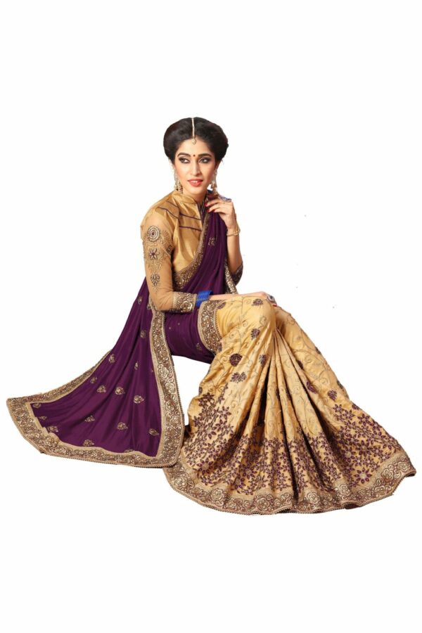 Purple Saree with Blouse Piece Women's Heavy Embroidery Work Saree - Image 3