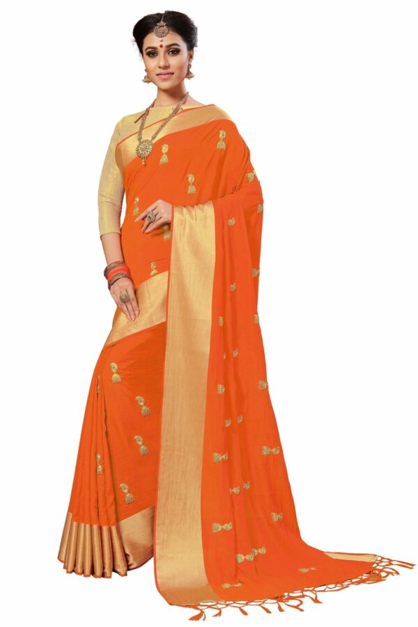 Orange Saree with Blouse Piece Women's Heavy Embroidery Work Saree