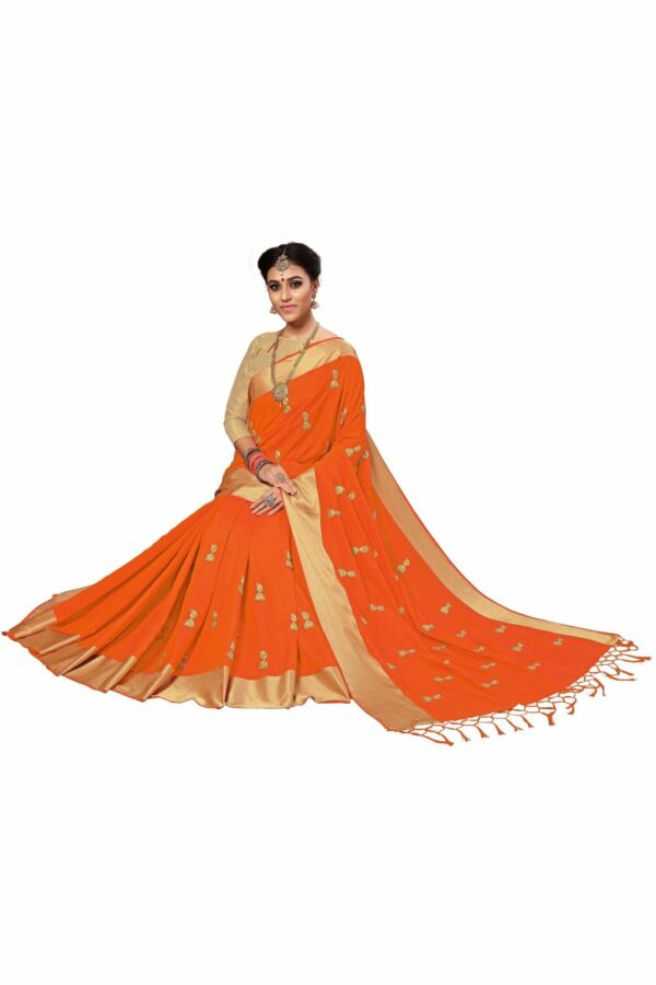 Orange Saree with Blouse Piece Women's Heavy Embroidery Work Saree - Image 4