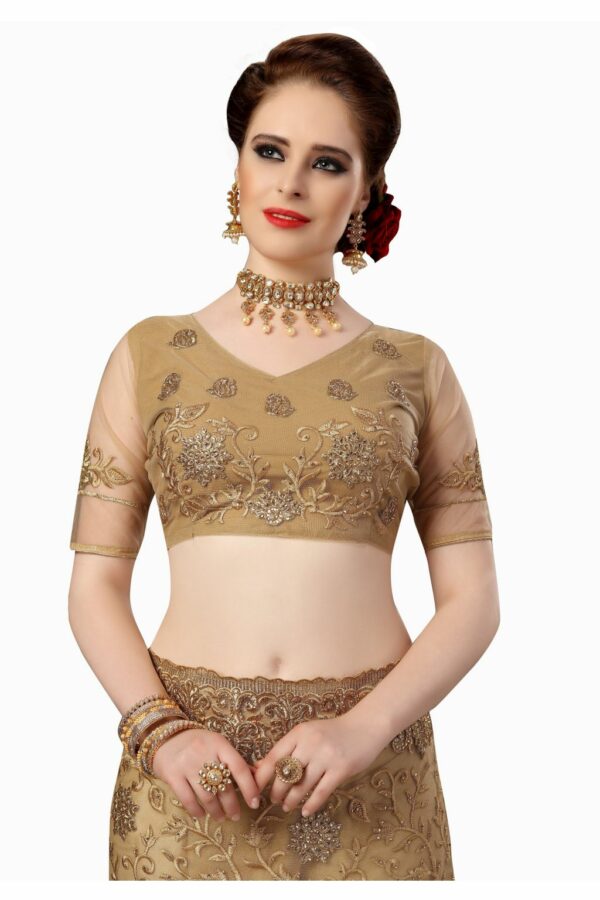 Beige Saree with Blouse Piece Women's Heavy Embroidery Work Saree - Image 4