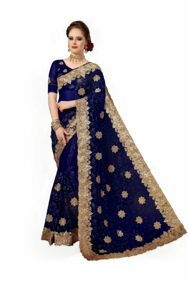 Blue Saree with Blouse Piece Women's Heavy Embroidery Work Saree