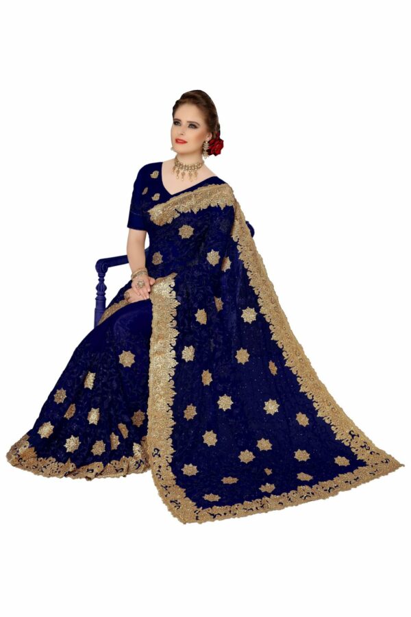 Blue Saree with Blouse Piece Women's Heavy Embroidery Work Saree - Image 3