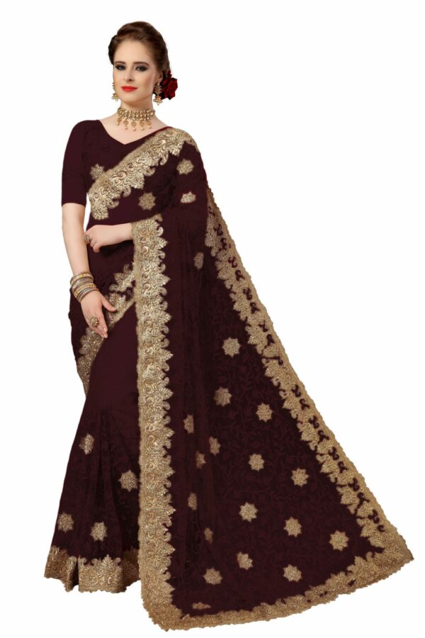 Brown Saree with Blouse Piece Women's Heavy Embroidery Work Saree