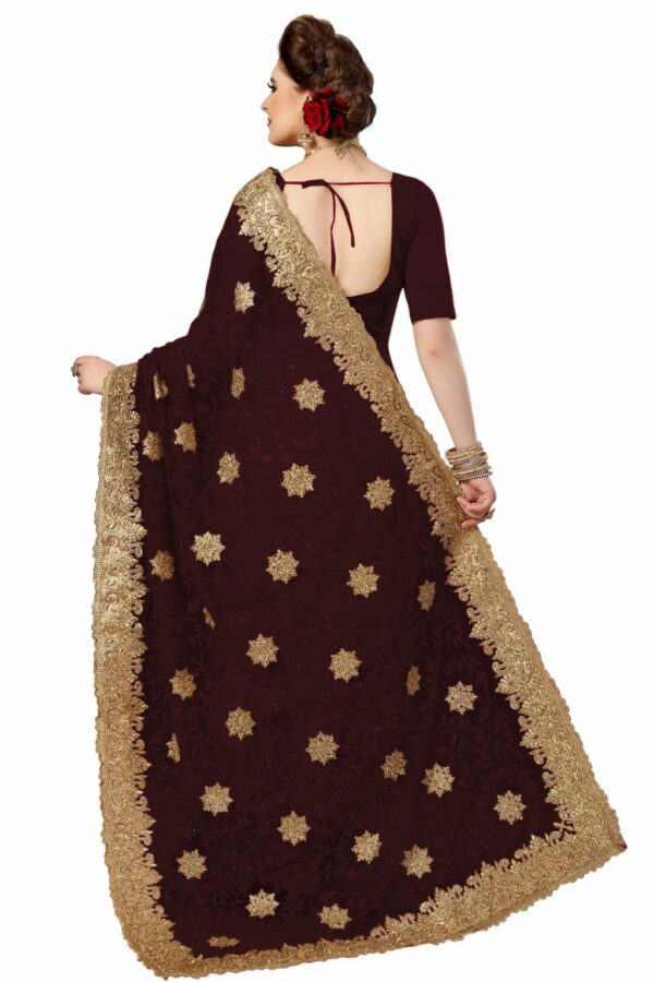 Brown Saree with Blouse Piece Women's Heavy Embroidery Work Saree - Image 2