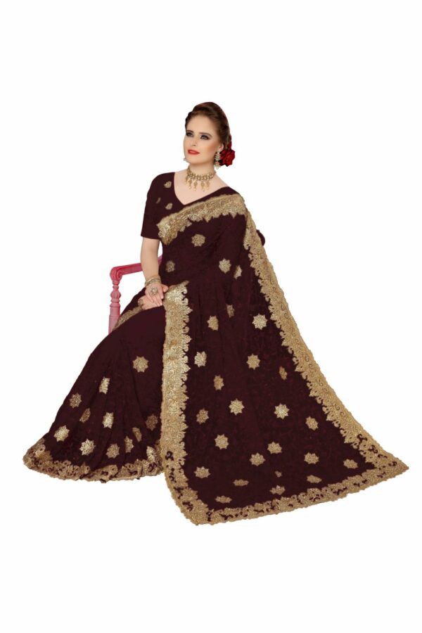 Brown Saree with Blouse Piece Women's Heavy Embroidery Work Saree - Image 3