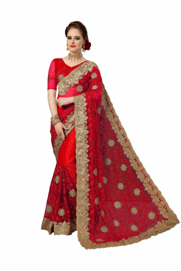 Red Saree with Blouse Piece Women's Heavy Embroidery Work Saree