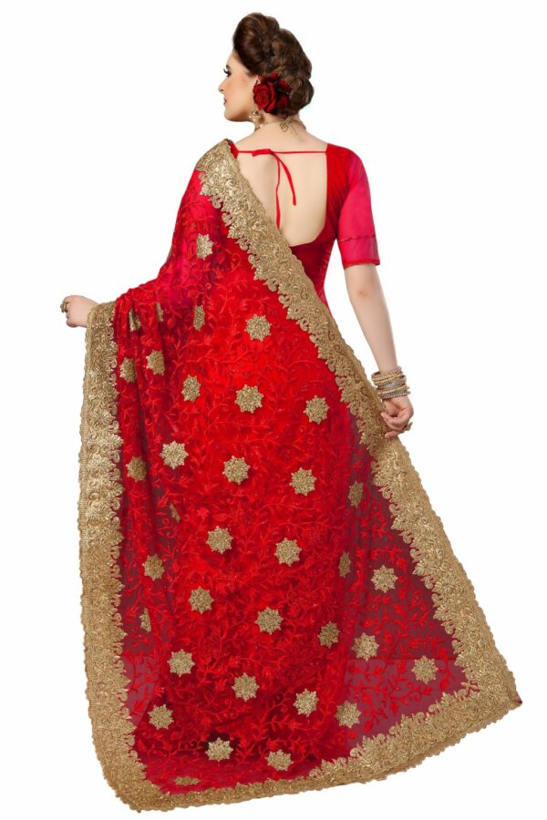 Red Saree with Blouse Piece Women's Heavy Embroidery Work Saree - Image 2