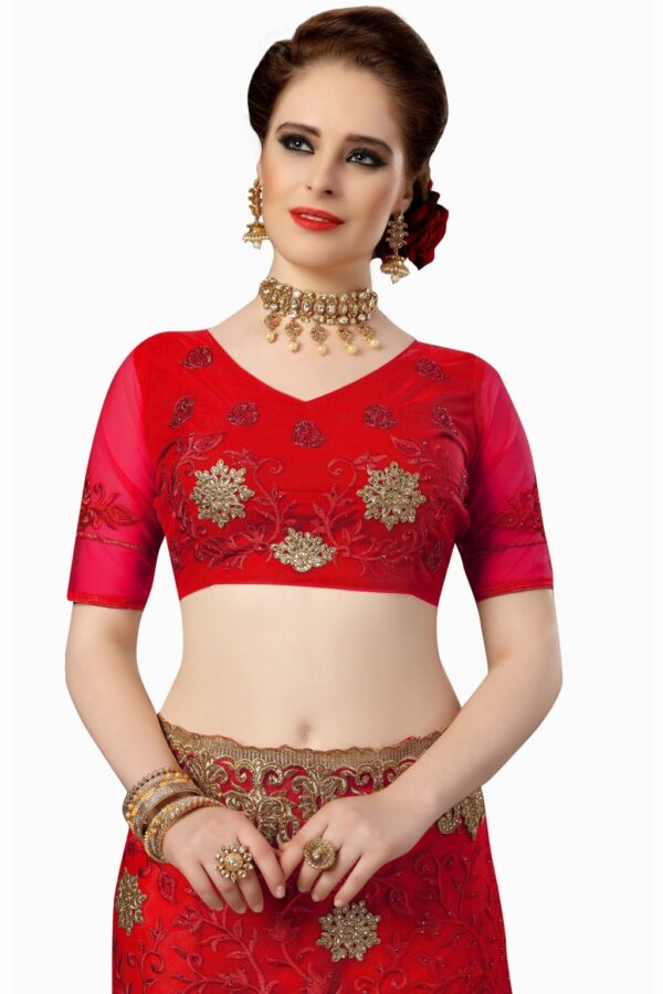 Red Saree with Blouse Piece Women's Heavy Embroidery Work Saree - Image 4