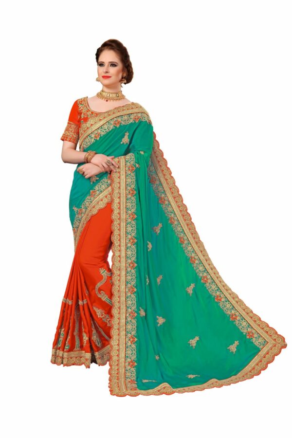 Green Saree with Blouse Piece Women's Heavy Embroidery Work Saree