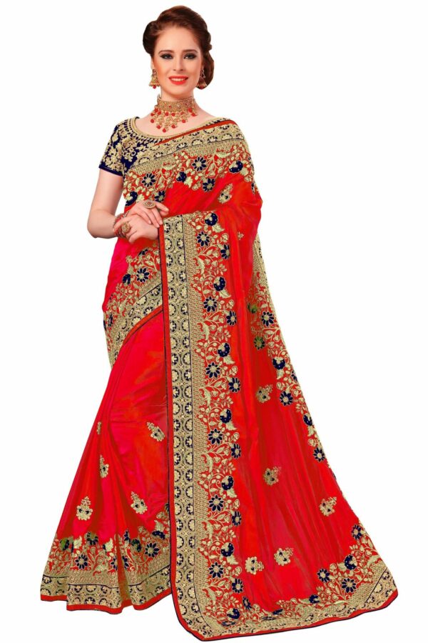 Red Saree with Blouse Piece Women's Heavy Embroidery Work Saree