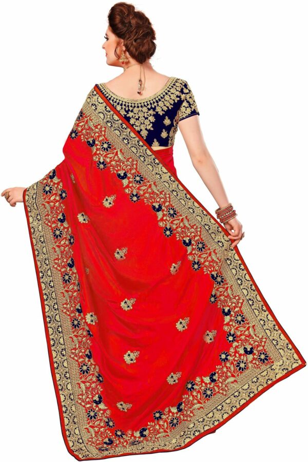 Red Saree with Blouse Piece Women's Heavy Embroidery Work Saree - Image 2