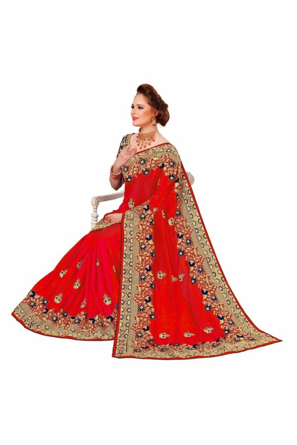 Red Saree with Blouse Piece Women's Heavy Embroidery Work Saree - Image 3