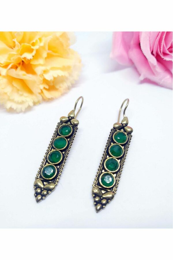 Gold Oxidized Hanging Earrings with Green Stone Work - Image 3