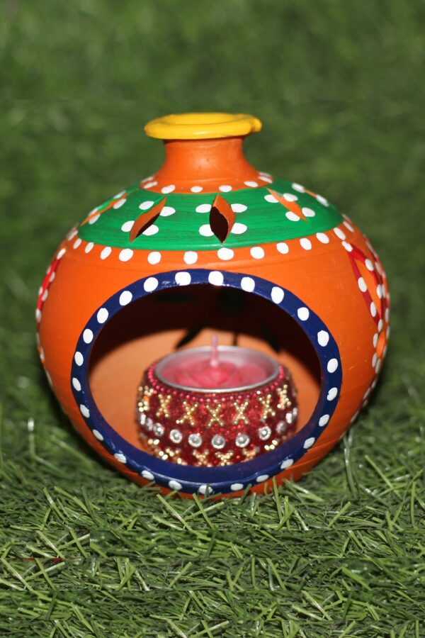 Orange Terracotta Pot Tea-Light Holder with Diya - Image 2